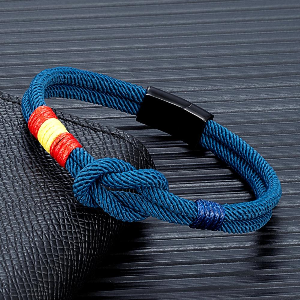Herren Damen Spanien Flagge Doppelte Kordel Nautisches Seil Armband Gebürsteter Schwarzer Edelstahl Magnetverschluss Zubehör
