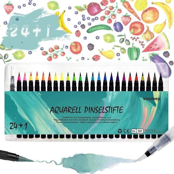Lot de 24 pinceaux à aquarelle + 1 pinceau réservoir d'eau - Feutres souples pour peinture, dessin, calligraphie