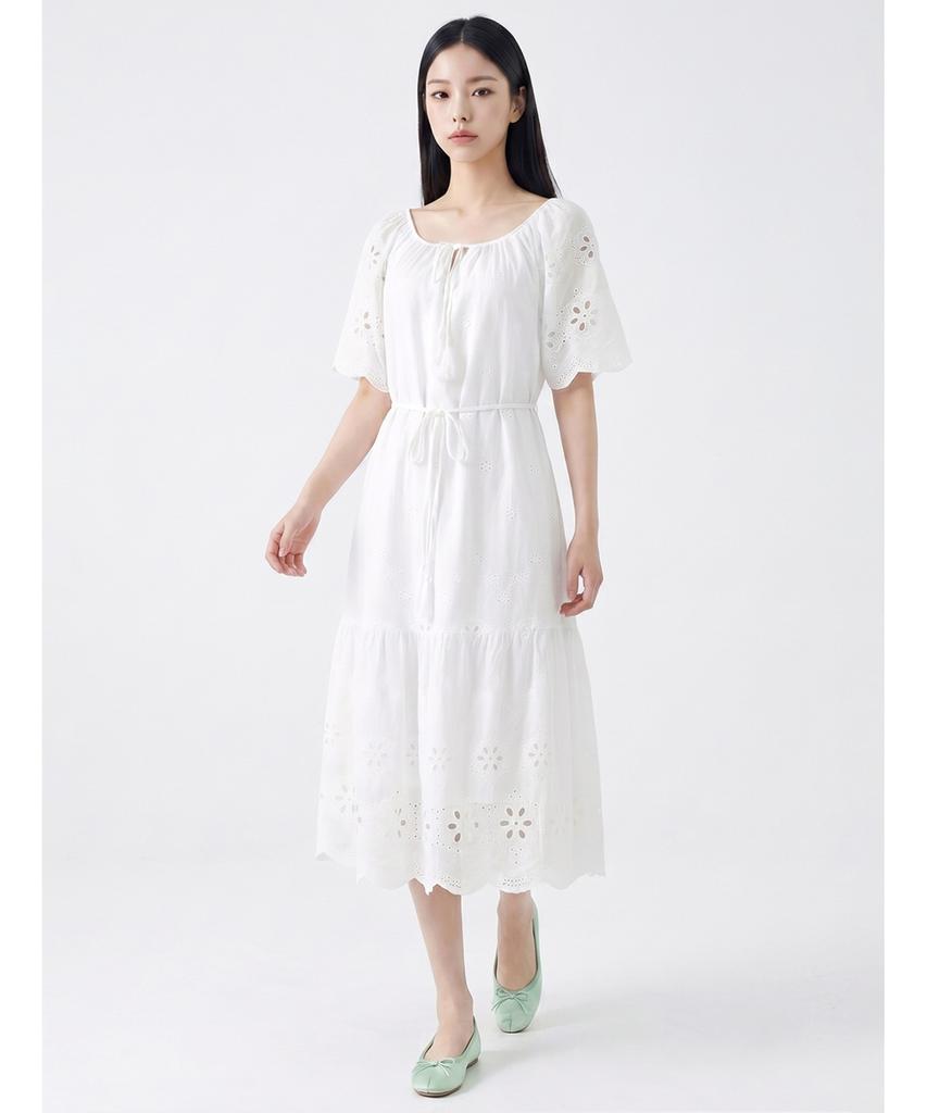 Poebeo21 Flower Punching Waist Tie Set Short Sleeve Long Dress (Ftdbop014)