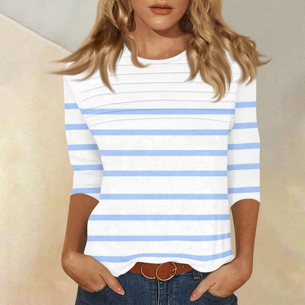 Women's O-neck 3/4 Sleeve Striped  Print Top