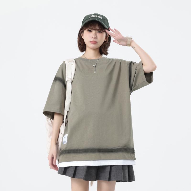 Spray-Dyed Heavyweight Cotton Short Sleeve T-Shirt - Unisex Trendy Two-Piece American Style Couple Top