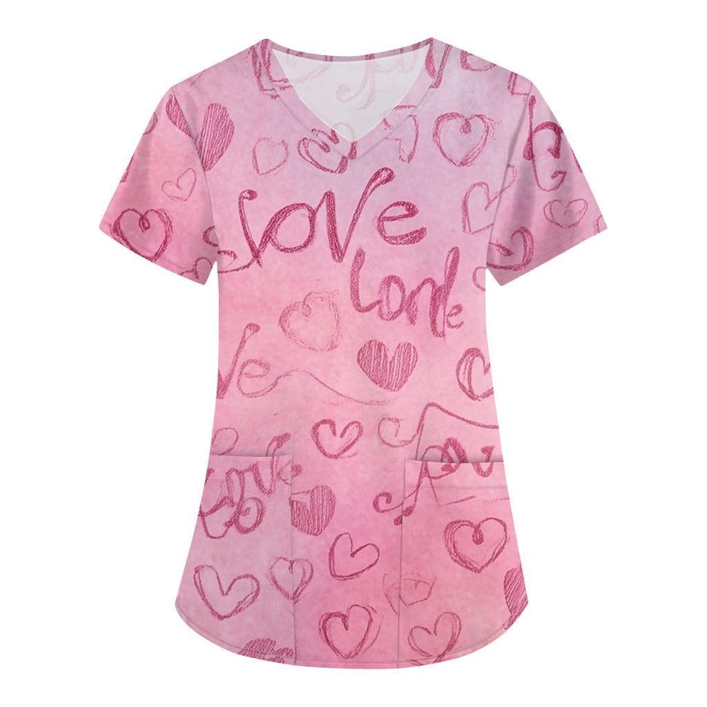 Damen Valentinstag Print Lockerer V-Ausschnitt Tasche Kurzarm Pflegeuniform/ Uniform