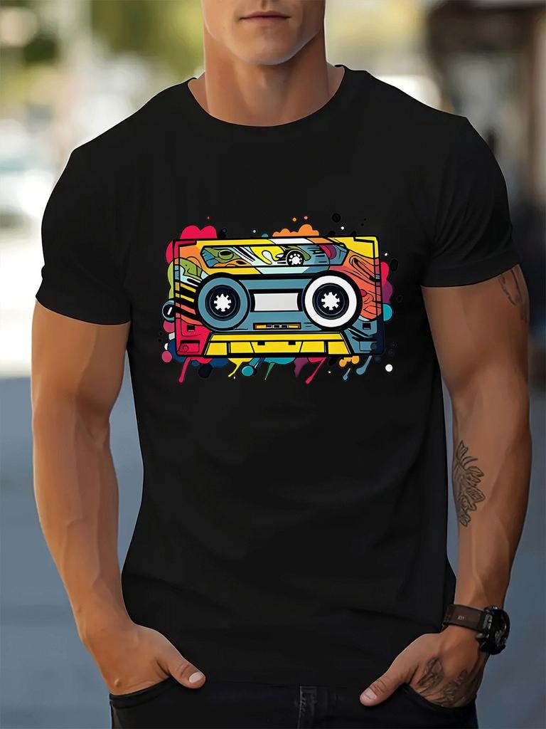 Black Unisexs Summer Tee Vintage Color Graffiti Cassette Tape Print Short Sleeve Casual Street T Shirt For Retro Music Hip Hop Fans
