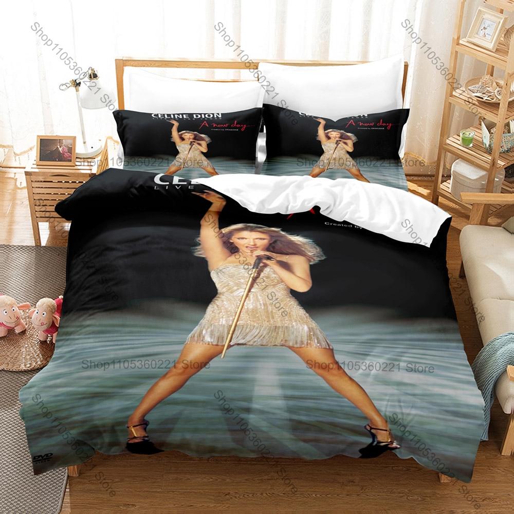 Celine Dion World Tour Singer Print Bedding Set Soft Polyester Duvet Cover + 2 Pillowcases For Pop Music Fans Bedroom Decor