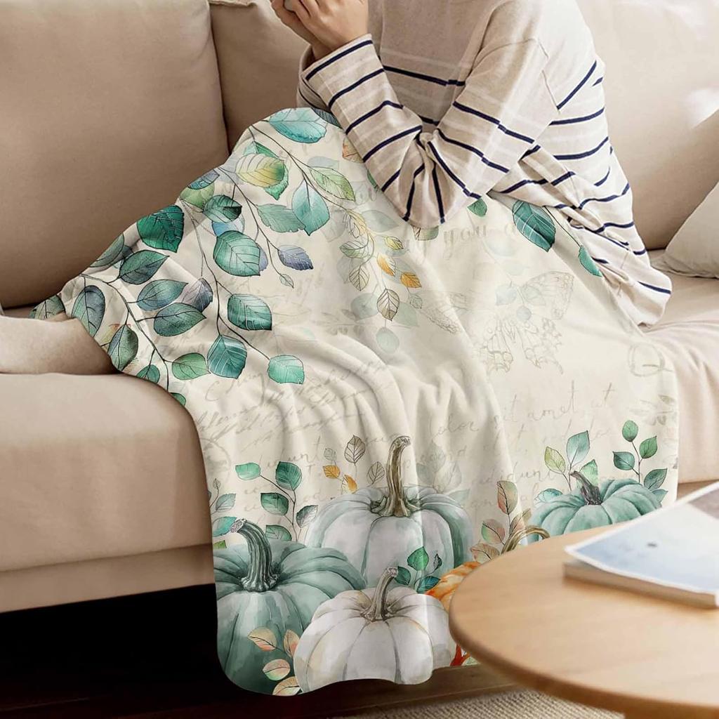 Fall Throw Blanket Green Pumpkin Blankets and Throws Soft Cozy Flannel Fleece Eucalyptus Leaves Branch Blanket for Couch Bed Sofa Chair Autumn