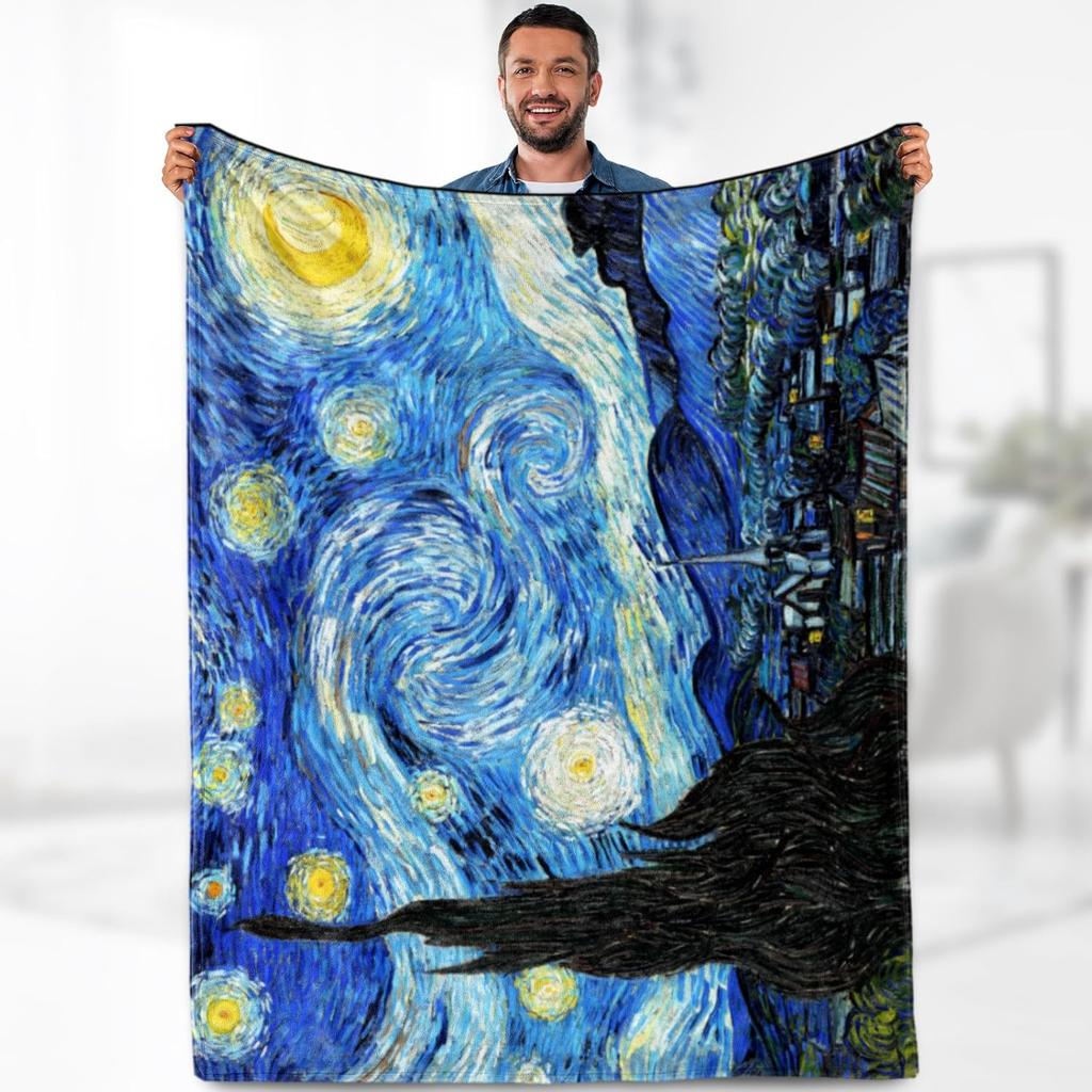 Starry Night Van Gogh Art Print Fleece Blanket Famous Painting Design Soft Cozy Throw Home Decor For Living Room Or Bedroom