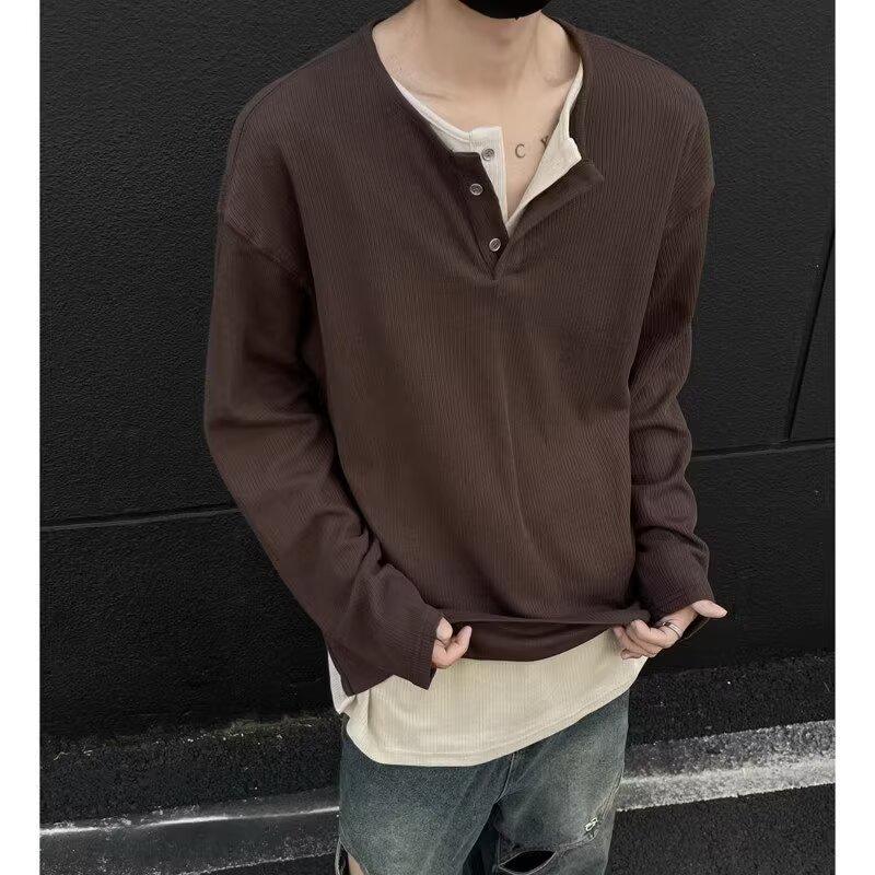 Men's Autumn Korean Style Slim-Fit Henley Long-Sleeve T-Shirt