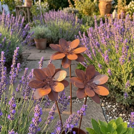 Rusty Flower Garden Stake Iron Flower Yard Art Stake Outdoor Flower Decoration for Backyard Lawn Planter Flower Bed