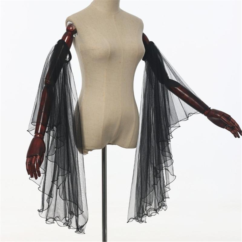 Luvas Longas de Tule Vitorianas Femininas Góticas Preto/Branco Chiffon Mangas Removíveis Vampiros Bruxa Fantasia Cosplay Presentes