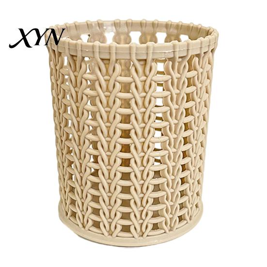 Office Supplies Organizer Imitation Rattan Pen Holder, Round Hollow Desk Organizer, Large Capacity Pencil Ventilated Holder Cup for Pens Pencils