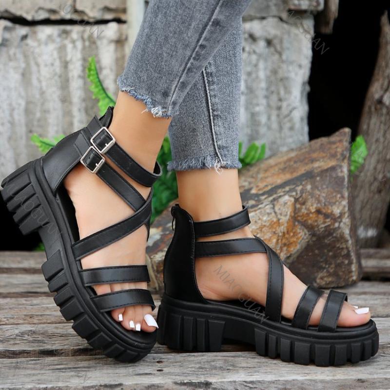 Fashion Roman Sandals Women Summer Shoes Casual Hollow Thick Bottom White Black Women's Shoes Cross Strap Gladiator Sandales Femmes