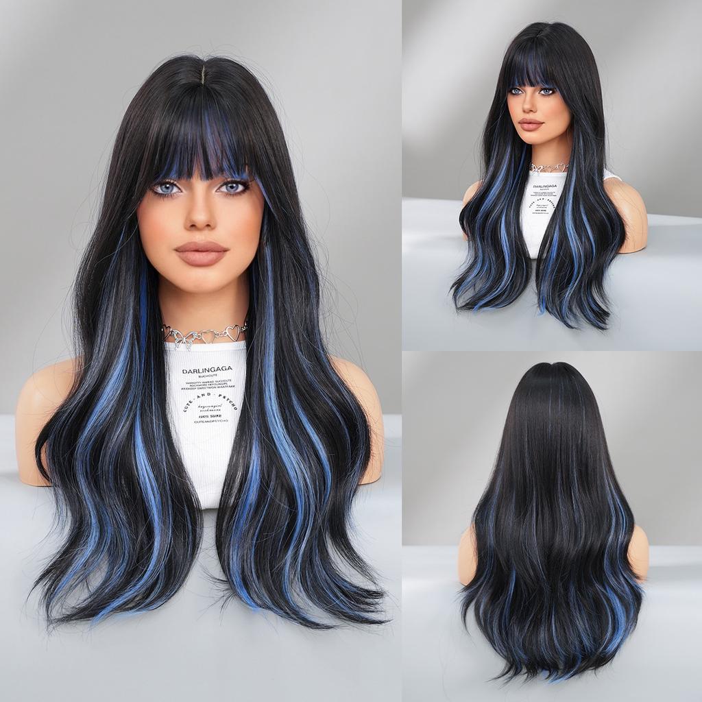 European American Women's Wig Black Dyed Red Bangs Full Head Hairstyle Big Wave Long Roll Lolita