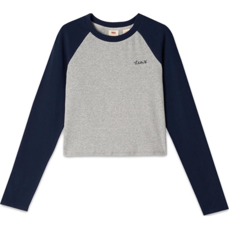 Levis Ribbed Crew Neck Cropped Long Sleeve Raglan T-Shirt Women Tops Gray Blue 002I6-0000