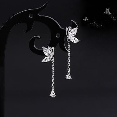 925 Silver Needle Zircon Butterfly Chain Tassel Stud Earrings For Women Cute Jewelry Piercing Hole Accessories