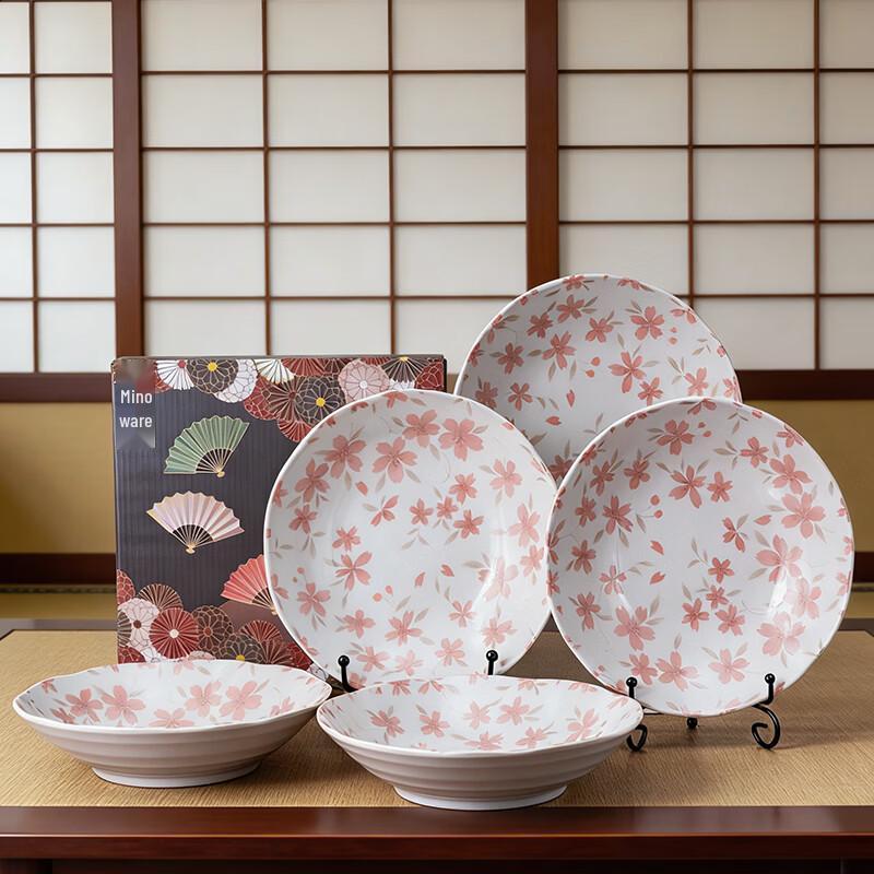 Mino Yaki Japanese Cherry Blossom 5-Piece Ceramic Dinner Plate Set