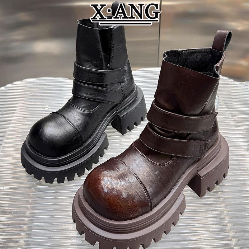 Leather Martin boots women's muffin thick sole heightening small thick heel short boots handsome locomotive boots Chelsea boots