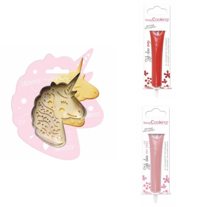 Kit pour biscuit en relief Licorne + 2 Stylos au chocolat rouge et rose pastel
