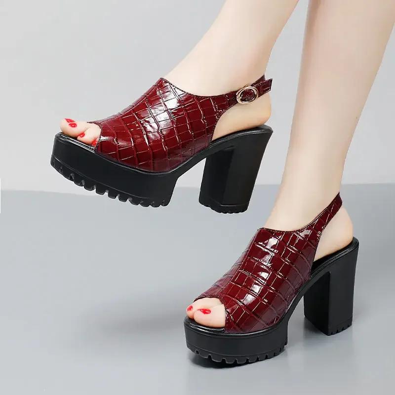 Small Size 32-43 Elegant  Block High Heels Sandals Patent Leather Shoes Summer 2025 Thick Platform Sandals Women Office Model