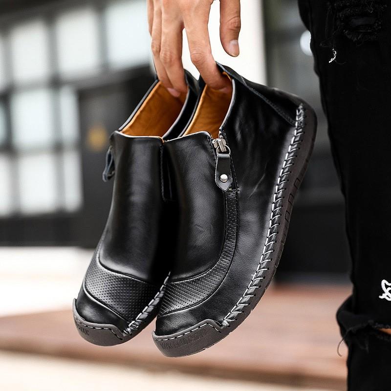 Mens Casual Leather High-Top Loafers With Soft Rubber Sole Slip-On Comfort Shoes Daily Wear