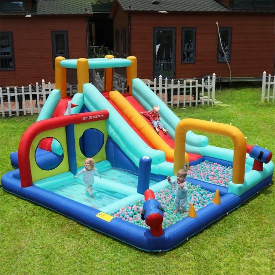 Children Bouncy Castle, Multifunctional Outdoor Water Park with Blower, Water Castle, Double Slide Water Slide