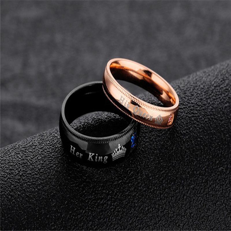 His Queen Her King Rhinestones Studded Crown Stainless Steel Ring For Lovers
