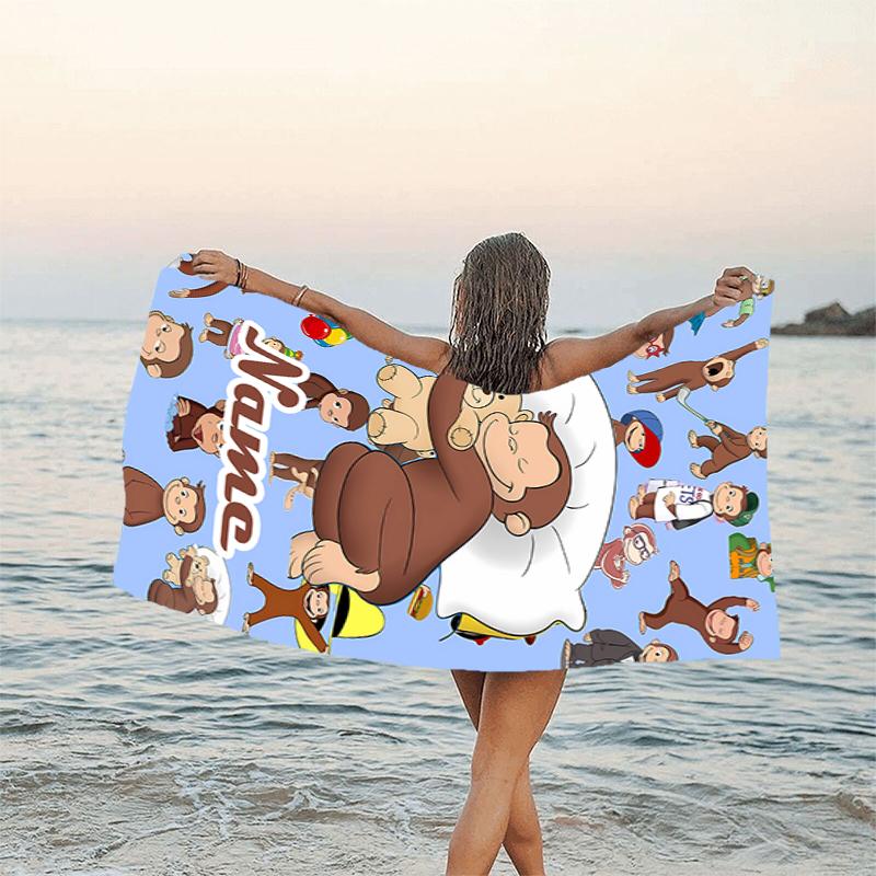 1pc Curious George2 Beach Towel with Custom Name, Beach/Swimming/Bath/Picnic/Camping Towel, Suitable for Seaside Beaches