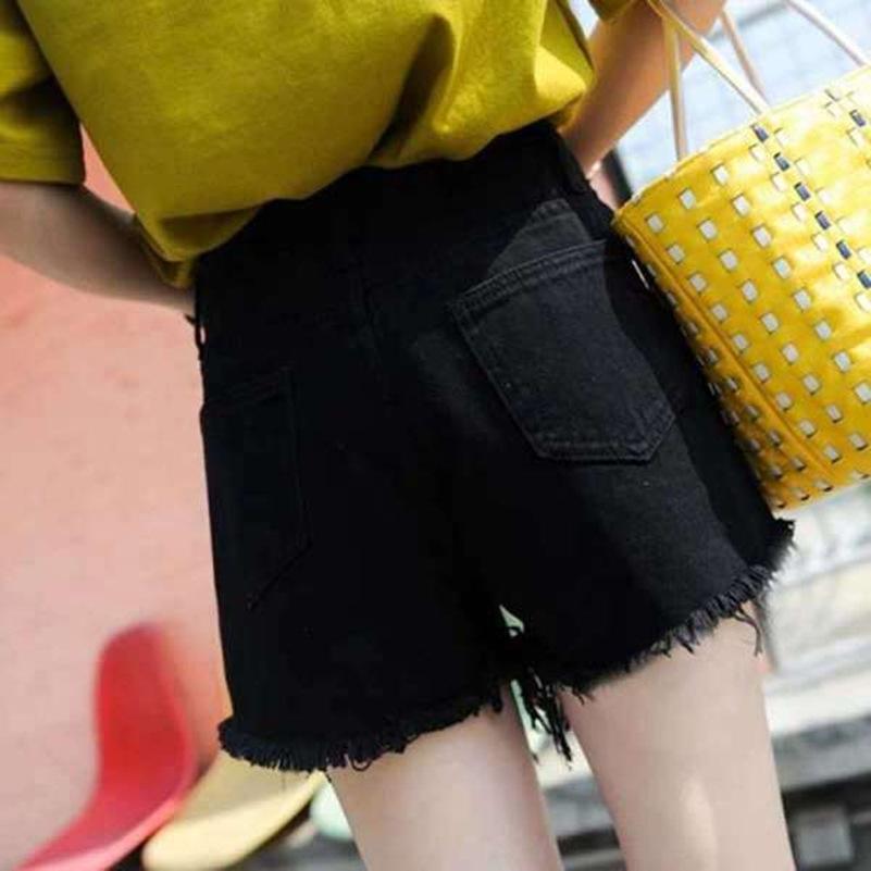 New Summer Korean Version of Loose Ripped High Waist Slimming A-line Crumb Trousers Black Denim Shorts for Women