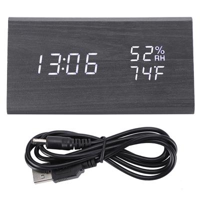 Digital LED Wood Desk Clock Voice Control Triangular Temp Humidity Alarm White Light