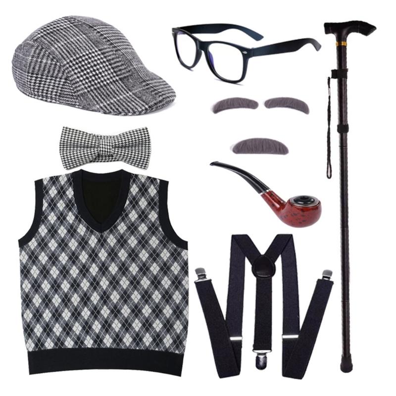 100 Days Of School Halloween Grandpa Costume Set Old Man Costume Set Hat Glasses Mustache and Eyebrows for Kids Boys