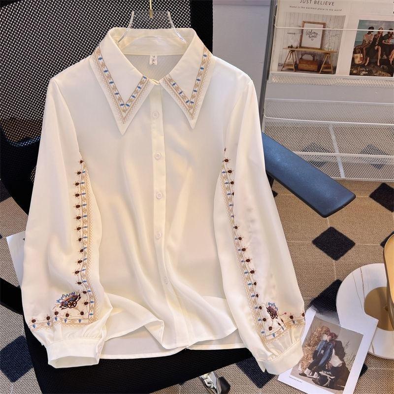 

Embroidered Women Be All-match Female Elegant Blouses Ladies Work Wear Shirts White Floral Clothings Chiffon Tops S белый