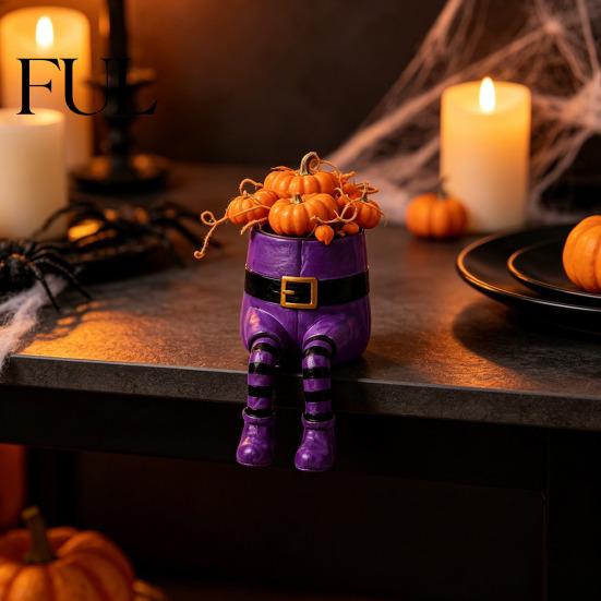 Spooky Home Accents Halloween Sitting Leg-Dangled Planter, Funny Long Leg Succulent Plant Pot Whimsical Window Display Ornaments with Pumpkin