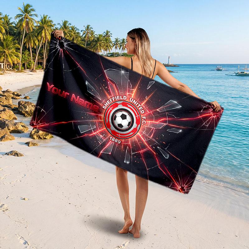 Sheffield United FC Custom Beach Towel, Personalized Name Text Print, Football Logo Soft Quick‑Dry Towel Holiday Gift