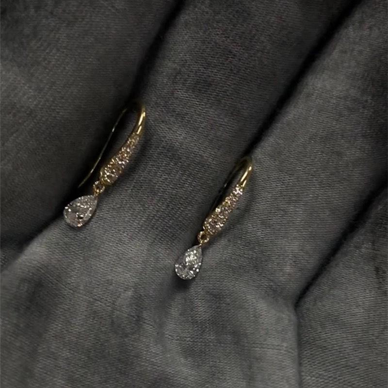 French~ Water Drop Zircon Tassel Ear Hook Plated 18K Gold Temperament Super Flash Earrings Light Luxury Premium Sensitive Ear Hole Earrings