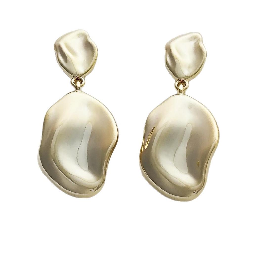 Real Gold Tone Silver Needle Geometric Hammered Earrings for Women - European & American Style Smooth Alloy.