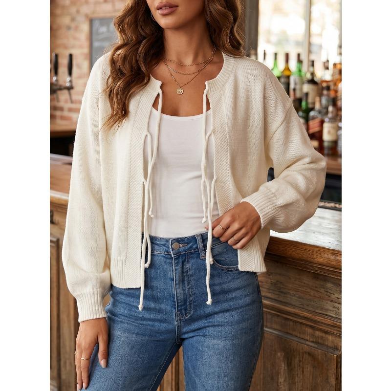 Women S Solid Color Knit Cardigan With Tie Closure Casual Outerwear