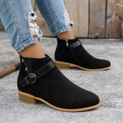 Short Boots with Pointed Toes, Square Heels, Side Zipper Shoes and Belt Buckle Women's Shoes