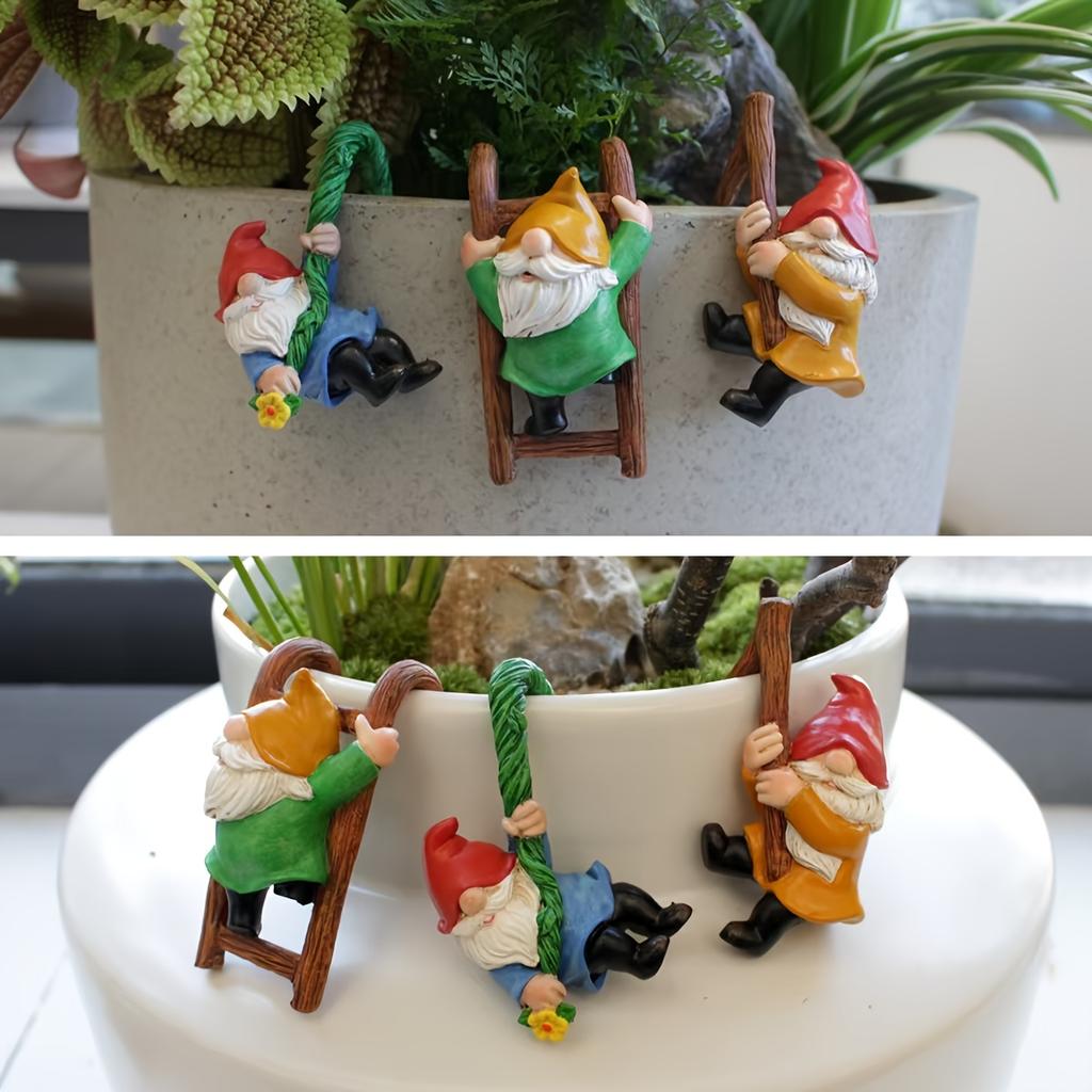 3pcs Set of Mini Dwarf Climbing Statues Outdoor Fairy Garden Resin Crafts Miniature Landscape Pendant Flower Pot Decoration Gift