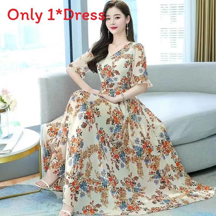 Summer Floral Dress With Polyester Fabric And High Waist For Women
