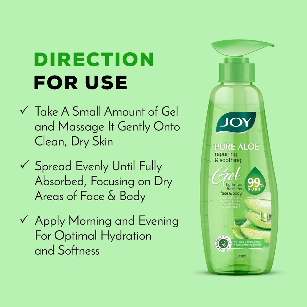 JOY Pure Aloe Vera Gel for Face & Body 300ml | Hydrating Non Sticky Quick Absorbing Skin Moisturiser