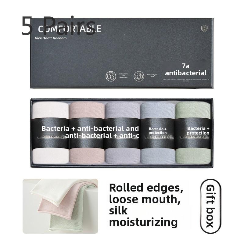 5 Pairs of Female Autumn and Winter Gift Box with Rolled Edge Loose Mouth Boneless Pure Color Simple Tube Pile Socks