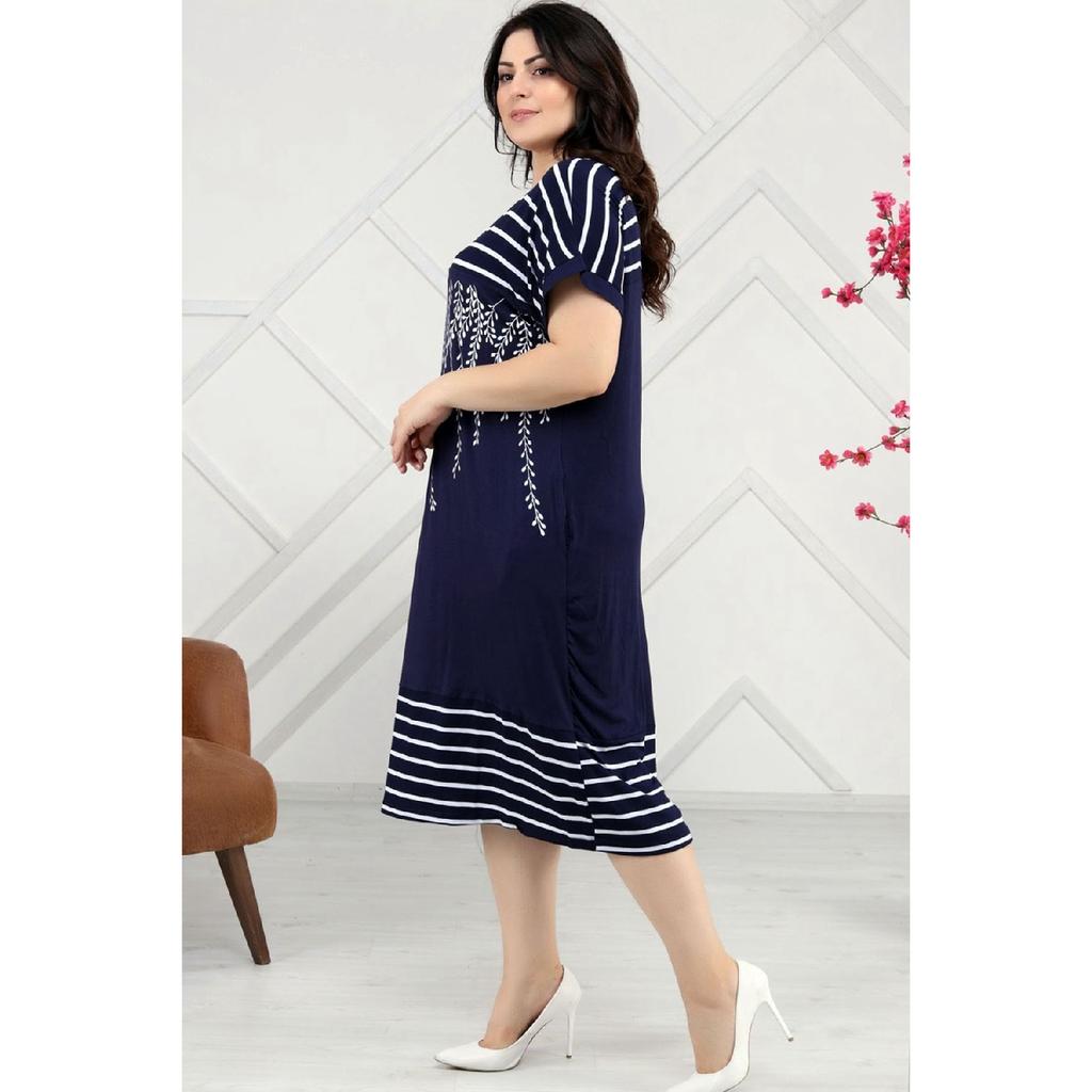 Round Collar Olive Branches With Striped Block Short Sleeve Comfortable Dress