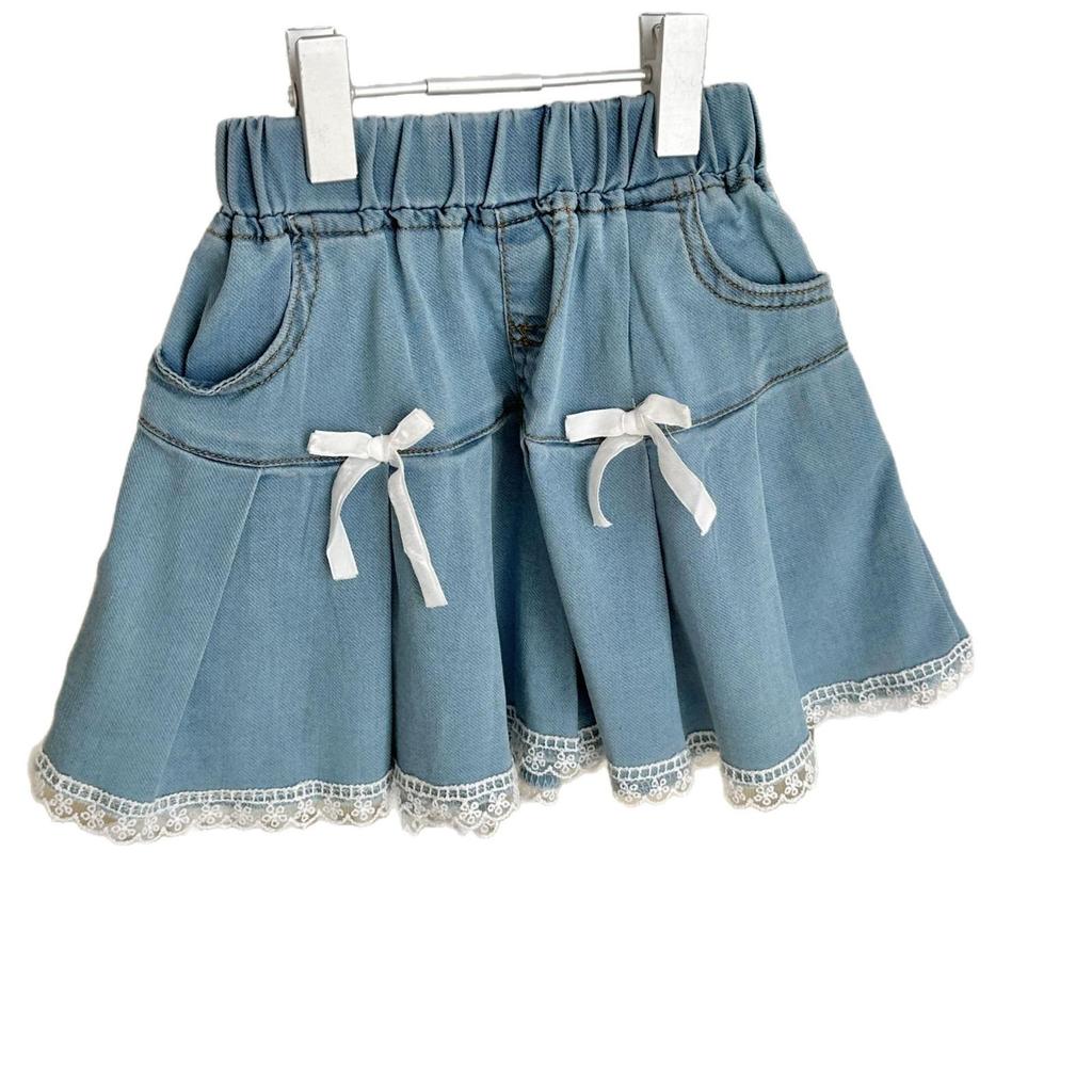 Korean Style Girls' Pleated Denim Skirt with Lace Trim and Bow