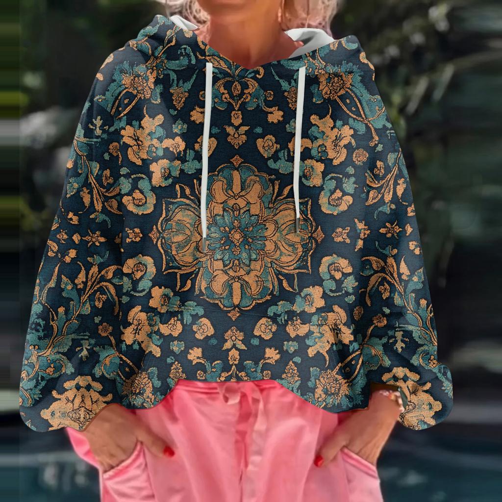 Women's Floral Print Loose Casual Long Sleeved Hooded Sweatshirt