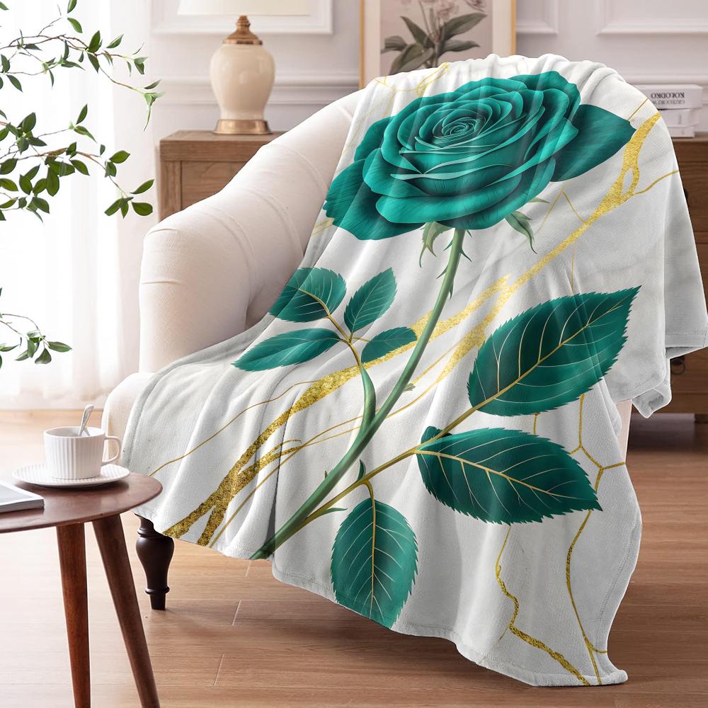 Elegant Turquoise Rose Throw Soft Flannel AC Blanket Lightweight Summer Nap Throw Cozy  Blanket for Sofa Bed Travel Home 100cmx150cm