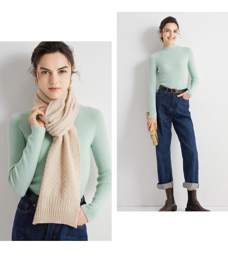 Women's 100% Pure Cashmere Ribbed Slim Fit Half-High Neck Sweater - Long Sleeve Gentle Style Base Layer