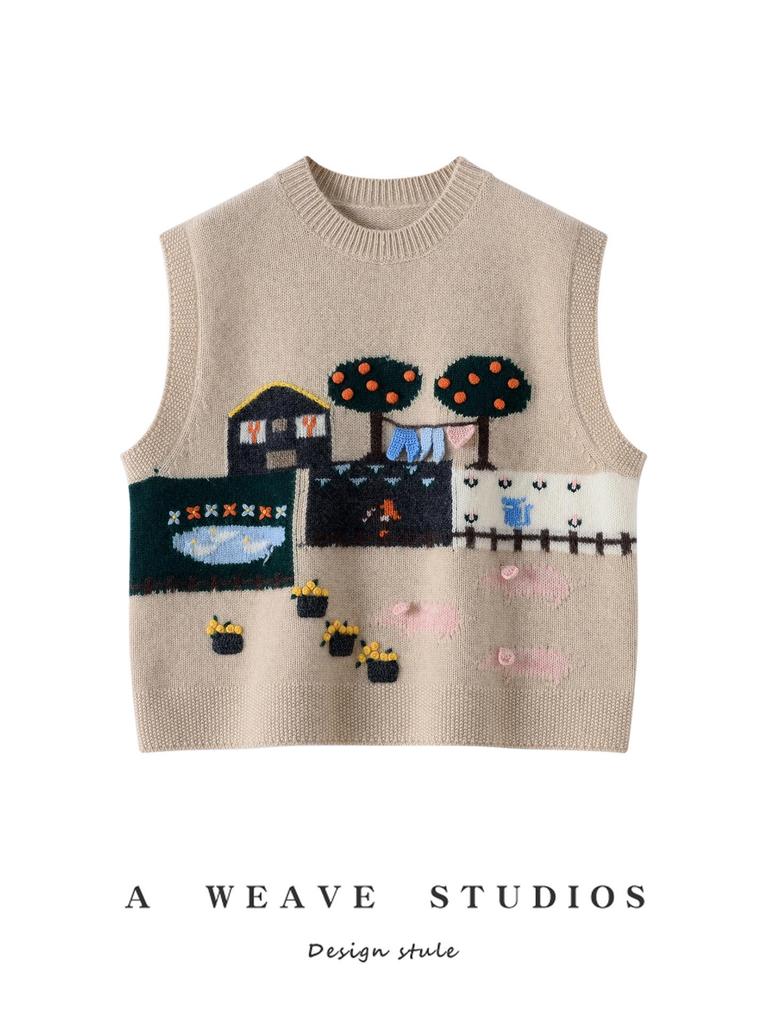 Spring & Autumn Hand-Knitted Sleeveless Cashmere Jacquard Vest - Retro Round Neck, Loose Fit
