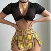 Sexy Lingerie Passion Temptation Uniform Top Plaid Short Skirt Thong Three-piece Set