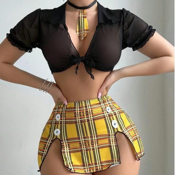 Sexy Lingerie Passion Temptation Uniform Top Plaid Short Skirt Thong Three-piece Set