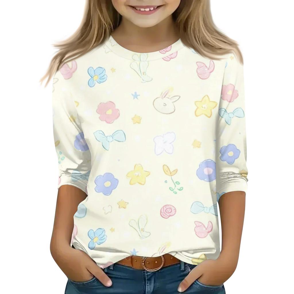 Kid's Round Neck Cute Flower Day Print Lightweight Spring/Summer Top
