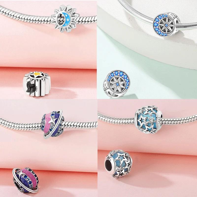 Copper Blue Zircon Heart Love Starry Sky Moon Stars Charms Beads Fit Diy Bracelet Women Jewelry Delicate Fine Gift